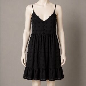 Yesfashion Black Swiss Dot Babydoll Midi Dress Ruffle Hem Spaghetti Strap NWT